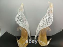 2 Vintage Murano Parrot Cockatoo Art Glass Bird White Ribbon Gold Glass Italy