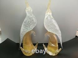2 Vintage Murano Parrot Cockatoo Art Glass Bird White Ribbon Gold Glass Italy