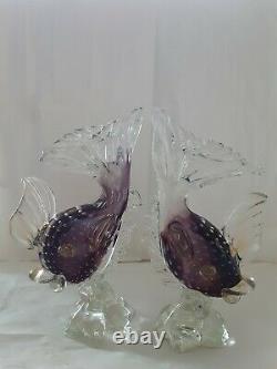2 Vtg Murano Glass Amethyst Koi Fish Figurine Applied Details Gold Flecks 10