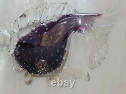 2 Vtg Murano Glass Amethyst Koi Fish Figurine Applied Details Gold Flecks 10