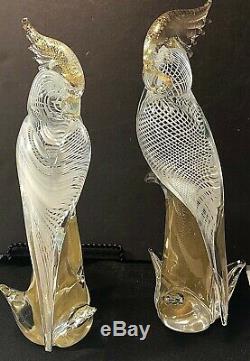 2 Vtg Murano Glass Parrots Cockatoo Birds 12 Archemide Seguso Gold Flake Italy