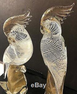 2 Vtg Murano Glass Parrots Cockatoo Birds 12 Archemide Seguso Gold Flake Italy