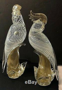 2 Vtg Murano Glass Parrots Cockatoo Birds 12 Archemide Seguso Gold Flake Italy