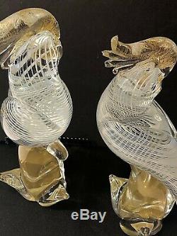 2 Vtg Murano Glass Parrots Cockatoo Birds 12 Archemide Seguso Gold Flake Italy