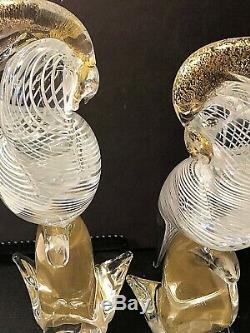 2 Vtg Murano Glass Parrots Cockatoo Birds 12 Archemide Seguso Gold Flake Italy