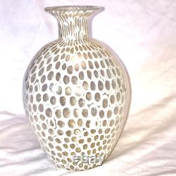 24 KT Gold White Murrina Hand Blown Art Glass Vase Authentic Murano Italy