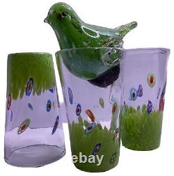 3 MURANO MILLEFIORI 6 Green TUMBLERs HAND BLOWN GLASS + Bird