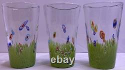 3 MURANO MILLEFIORI 6 Green TUMBLERs HAND BLOWN GLASS + Bird