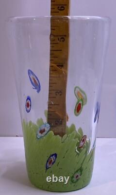 3 MURANO MILLEFIORI 6 Green TUMBLERs HAND BLOWN GLASS + Bird