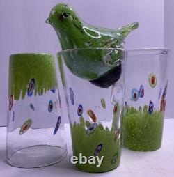 3 MURANO MILLEFIORI 6 Green TUMBLERs HAND BLOWN GLASS + Bird