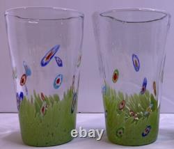 3 MURANO MILLEFIORI 6 Green TUMBLERs HAND BLOWN GLASS + Bird