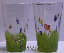 3 MURANO MILLEFIORI 6 Green TUMBLERs HAND BLOWN GLASS + Bird