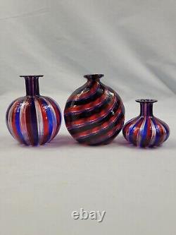 3 Murano Filigree Art Glass Vases Petite Miniature Hand Blown Striped Spiral EUC