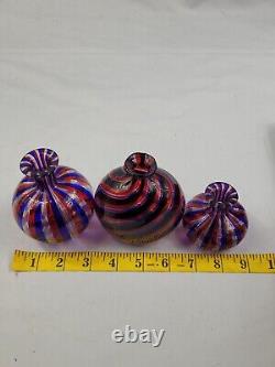 3 Murano Filigree Art Glass Vases Petite Miniature Hand Blown Striped Spiral EUC