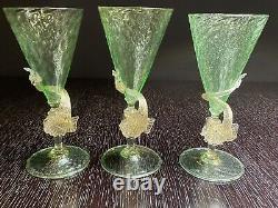 3 Murano antique Salviati Hand Blown Green gold flakes 3 Goblets with Dolphins