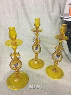 3 Salviati Murano Venetian Glass Hand Blown 14-1/4 Tall Candle Holders Grapes