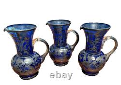 3 Vintage Hand Blown Murano Glass Silver Overlay Blue 4.5 Jug Pitcher Creamer