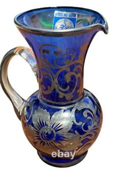 3 Vintage Hand Blown Murano Glass Silver Overlay Blue 4.5 Jug Pitcher Creamer