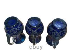 3 Vintage Hand Blown Murano Glass Silver Overlay Blue 4.5 Jug Pitcher Creamer