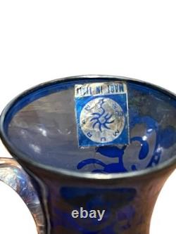 3 Vintage Hand Blown Murano Glass Silver Overlay Blue 4.5 Jug Pitcher Creamer