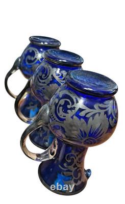 3 Vintage Hand Blown Murano Glass Silver Overlay Blue 4.5 Jug Pitcher Creamer