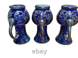 3 Vintage Hand Blown Murano Glass Silver Overlay Blue 4.5 Jug Pitcher Creamer