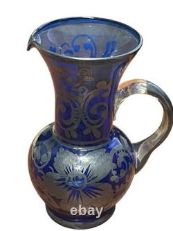 3 Vintage Hand Blown Murano Glass Silver Overlay Blue 4.5 Jug Pitcher Creamer