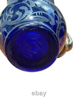 3 Vintage Hand Blown Murano Glass Silver Overlay Blue 4.5 Jug Pitcher Creamer