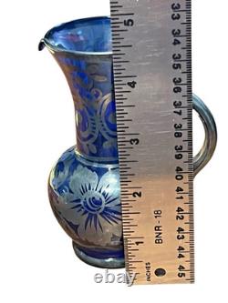 3 Vintage Hand Blown Murano Glass Silver Overlay Blue 4.5 Jug Pitcher Creamer 3 Vintage Hand Blown Murano Glass Silver Overlay Blue 4.5 Jug Pitcher Creamer