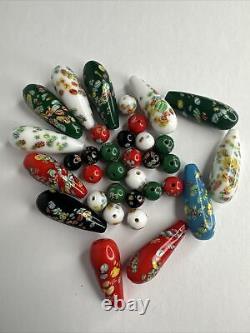 34 Vintage Venetian Murano Hand Blown Teardrop Millefiori Art Glass Capped Beads