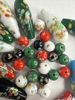 34 Vintage Venetian Murano Hand Blown Teardrop Millefiori Art Glass Capped Beads
