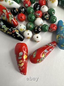 34 Vintage Venetian Murano Hand Blown Teardrop Millefiori Art Glass Capped Beads