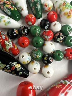 34 Vintage Venetian Murano Hand Blown Teardrop Millefiori Art Glass Capped Beads