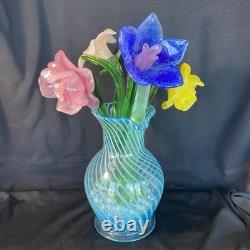 4 Murano Style Hand Blown Glass Long Stem Flowers With 2 Long Leafs GORGEOUS