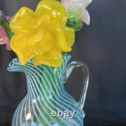 4 Murano Style Hand Blown Glass Long Stem Flowers With 2 Long Leafs GORGEOUS