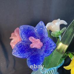4 Murano Style Hand Blown Glass Long Stem Flowers With 2 Long Leafs GORGEOUS