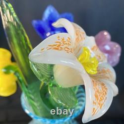 4 Murano Style Hand Blown Glass Long Stem Flowers With 2 Long Leafs GORGEOUS