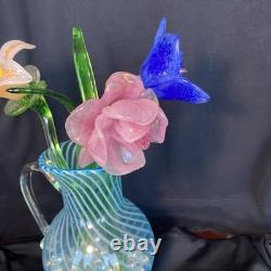 4 Murano Style Hand Blown Glass Long Stem Flowers With 2 Long Leafs GORGEOUS