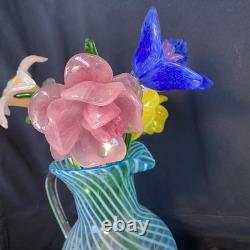 4 Murano Style Hand Blown Glass Long Stem Flowers With 2 Long Leafs GORGEOUS