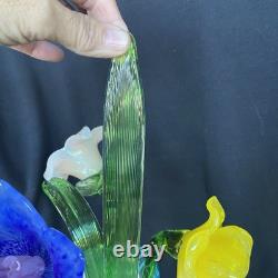 4 Murano Style Hand Blown Glass Long Stem Flowers With 2 Long Leafs GORGEOUS