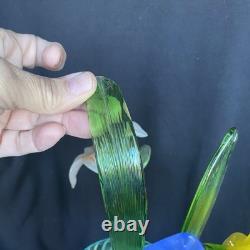 4 Murano Style Hand Blown Glass Long Stem Flowers With 2 Long Leafs GORGEOUS