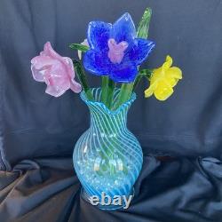 4 Murano Style Hand Blown Glass Long Stem Flowers With 2 Long Leafs GORGEOUS