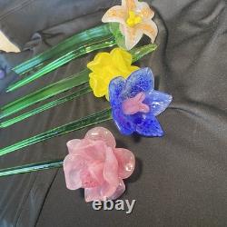 4 Murano Style Hand Blown Glass Long Stem Flowers With 2 Long Leafs GORGEOUS