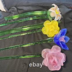4 Murano Style Hand Blown Glass Long Stem Flowers With 2 Long Leafs GORGEOUS
