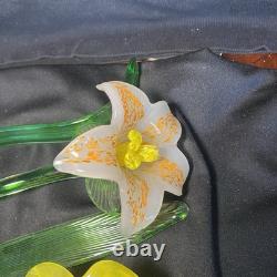 4 Murano Style Hand Blown Glass Long Stem Flowers With 2 Long Leafs GORGEOUS