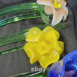 4 Murano Style Hand Blown Glass Long Stem Flowers With 2 Long Leafs GORGEOUS