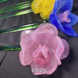 4 Murano Style Hand Blown Glass Long Stem Flowers With 2 Long Leafs GORGEOUS