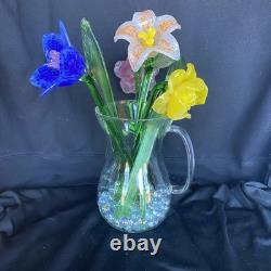 4 Murano Style Hand Blown Glass Long Stem Flowers With 2 Long Leafs GORGEOUS
