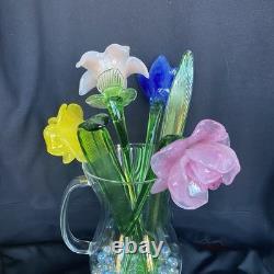 4 Murano Style Hand Blown Glass Long Stem Flowers With 2 Long Leafs GORGEOUS