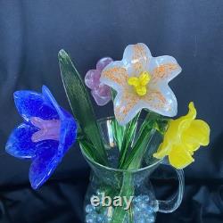 4 Murano Style Hand Blown Glass Long Stem Flowers With 2 Long Leafs GORGEOUS